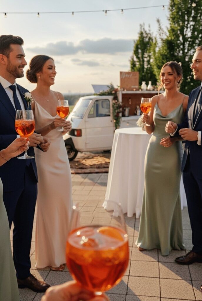 Goście eventu z kieliszkami spritz przy włoskim vanie
