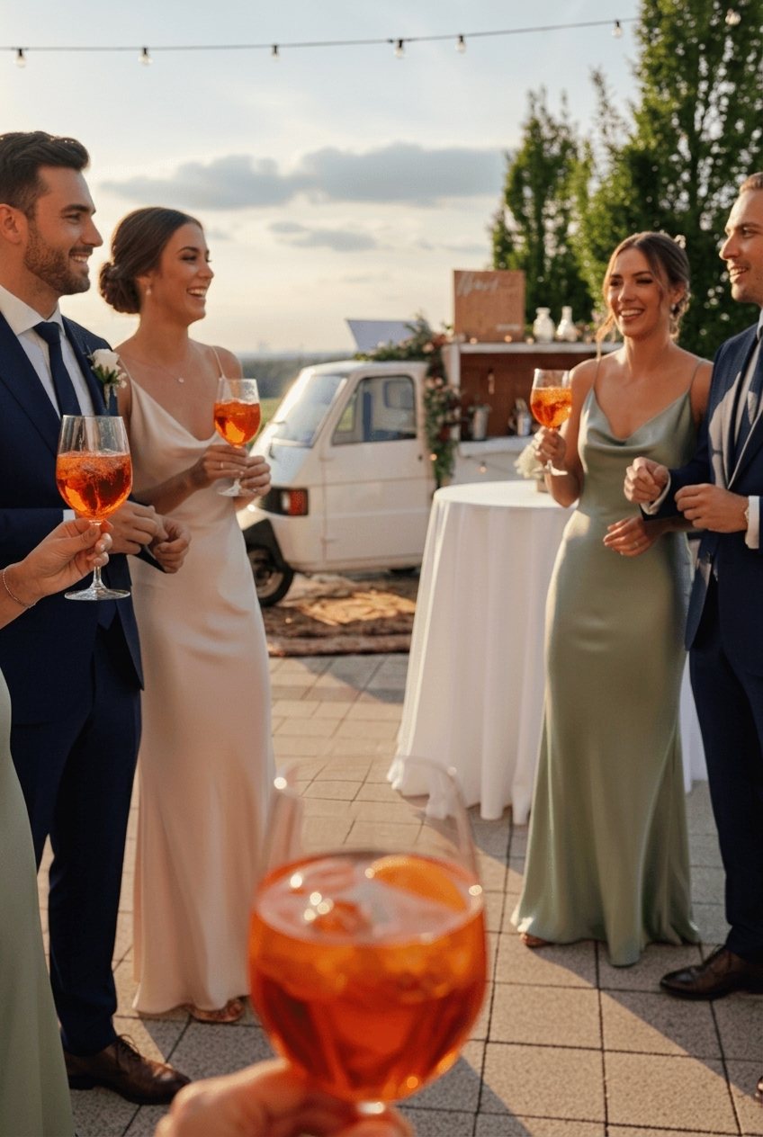 Goście eventu z kieliszkami spritz przy włoskim vanie
