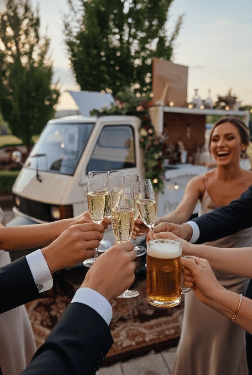 Toast panny młodej z gośćmi przy mobilnym barze